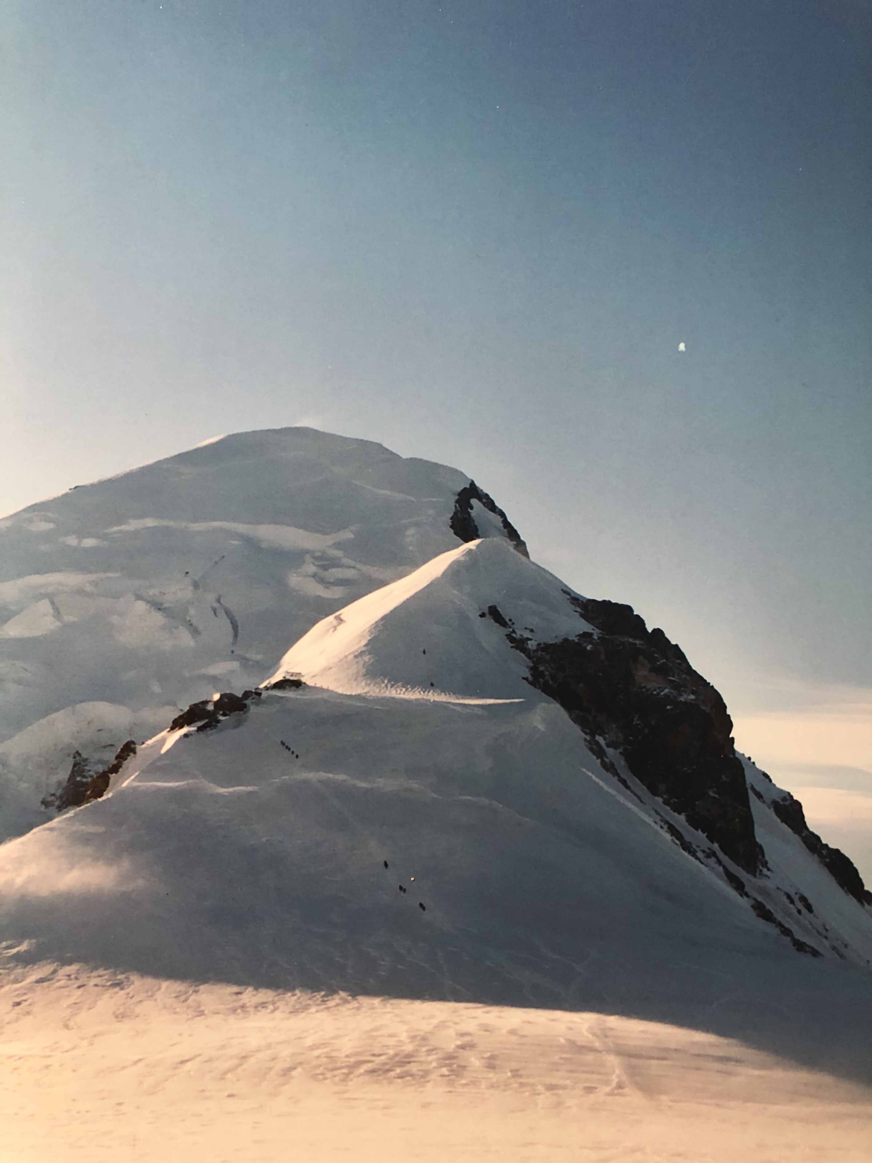 View to the Valot Hut, Grande Bosse, and the Mont Blanc summit